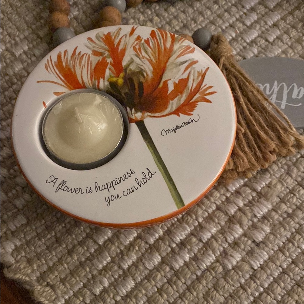 MB Floral Tea light Candle Holder with Orange and Cream Design
